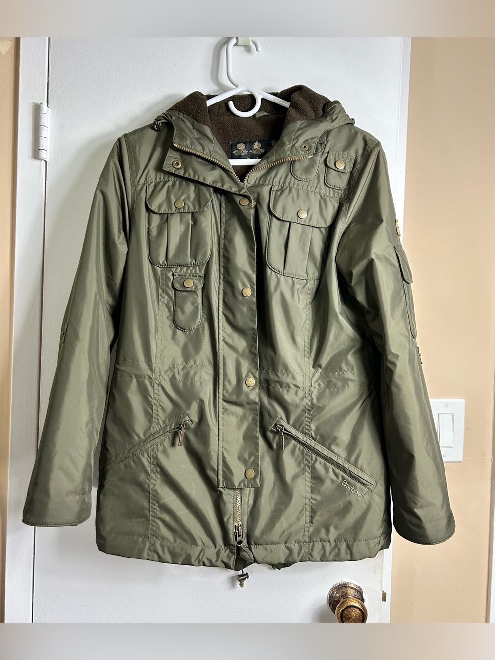 Barbour Olive Green Utility Hooded Jacket, Zipper, Fleece Lined, Women’s Size 6